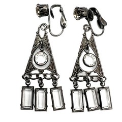 Vintage Art Deco Style Rhinestone Glass Dangle Silver Tone Clip On Earrings 2″