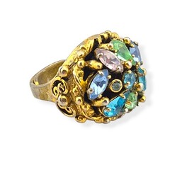 Vintage Signed Barclay Uranium Glass Ring Pastel Rhinestone Cluster Adjustable