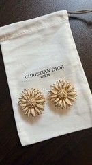 Vintage Christian Dior Enamel Daisy Clip Earrings Gold Tone