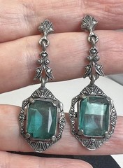 Beautiful Art Deco Inspired Silver Tone Faux Aqua Stones Drop Dangle Earrings