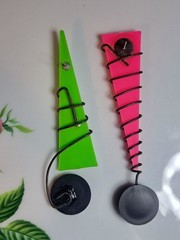 Vintage Retro 80s Geometric Cone Earrings Neon Green Pink Black Wire 3.5 Inches