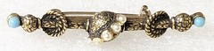 Vintage Etruscan Revival Seed Faux Pearls & Tiny Blue Cabs Bar style Brooch