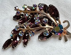 Vintage Amethyst Rhinestone Spray Brooch AB Crystal Gold Tone Mid Century