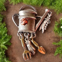 Gardening Charm Brooch Silver Tone Vintage Gardener Tools Watering Can Pin