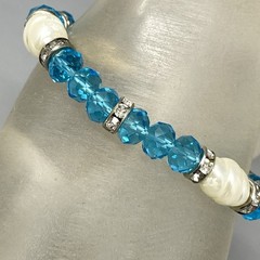 Blue Glass Beaded Bracelet Acrylic White Spacers Owl Bell Charm Stretch Elastic