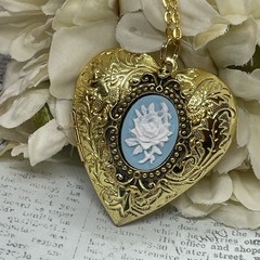 Gold Heart Locket Photo Birthday Anniversary Wedding Blue Rose Cameo Necklace