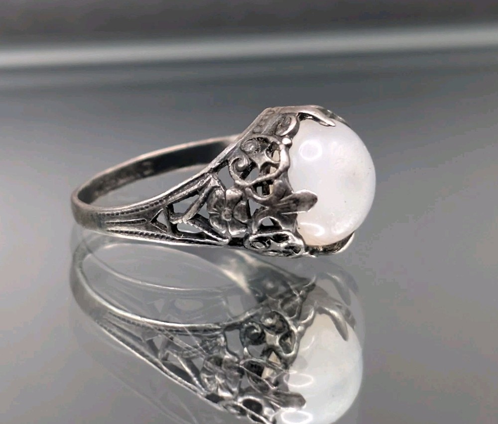 (4) MAGICAL MOONLIGHT! Antique Arts & Crafts Ring STERLING Silver Opaline Glass