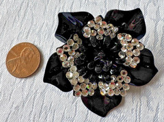 Vintage Black Enamel Flower Brooch Rhinestone Floral Statement Pin Costume Jewel