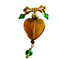Vintage Amber Heart Brooch Pendant Goldtone Bow Dangling