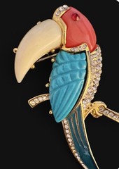 Vintage Hattie Carnegie Toucan Brooch Faux Coral Turquoise Resin Bird Pin Enamel