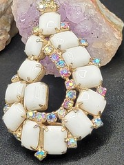 VTG Art Deco Revival Milk Glass AB Rhinestone 2.38″ Teardrop Brooch Pin