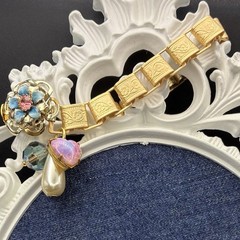 Vintage Faux Opal Heart,AB Bead & Pearl Charms,New Victorian Book Chain Bracelet