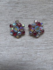 Vintage J Carl NY Original Brooch Hand Wired Red Aurora Borealis Clip Earrings