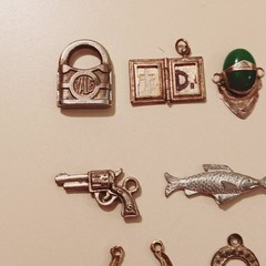 Vintage Silver Tone Charm Lot Yale Padlock Bible Gun Fish Horseshoe Jade Jewelry