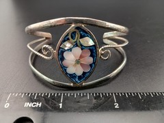 Vintage Alpaca Mexico Silver Abalone Pink Flower Shell Cuff Bracelet