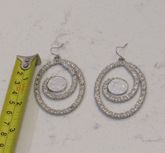 Silver Tone Dangle Drop Circle Earrings Oval Rhinestones Party Retro Elegant