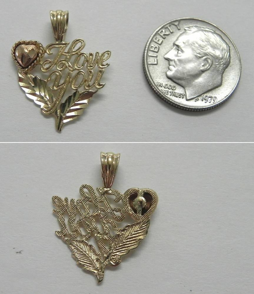 J962 Vintage 14k Solid Two Tone Gold 3D Heart I LOVE YOU Charm