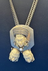 Vintage Sculpted Face Pendant Necklace & Green Stone Bracelet Set