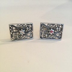 Reuven 925 Sterling Silver Filigree Cufflinks & Tie Bar Israel -3 Pc Set