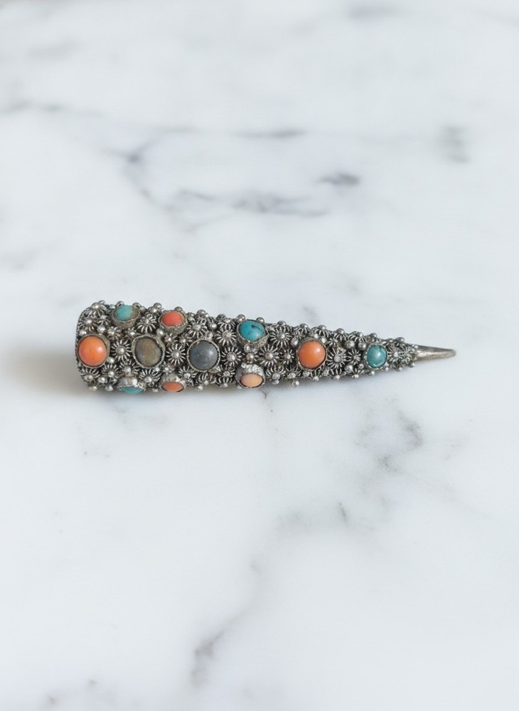 Antique 1930s Chinese Silver Filigree Nail Guard Brooch Turquoise Coral Art Deco