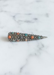 Antique 1930s Chinese Silver Filigree Nail Guard Brooch Turquoise Coral Art Deco