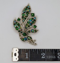 Vintage Lisner Leaves Brooch Blue Green AB Rhinestone Gold Tone
