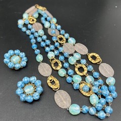 Vintage Freirich Blue White Green Pink Art glass Goldtone 62” necklace earring