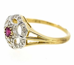 14t Yellow Gold Finish Antique Style Ruby and Lab Created Diamond Cluster Ring