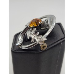 Scottish Thistle Brooch Kilt Shawl Pin Silvertone Orange Rhinestone Vintage