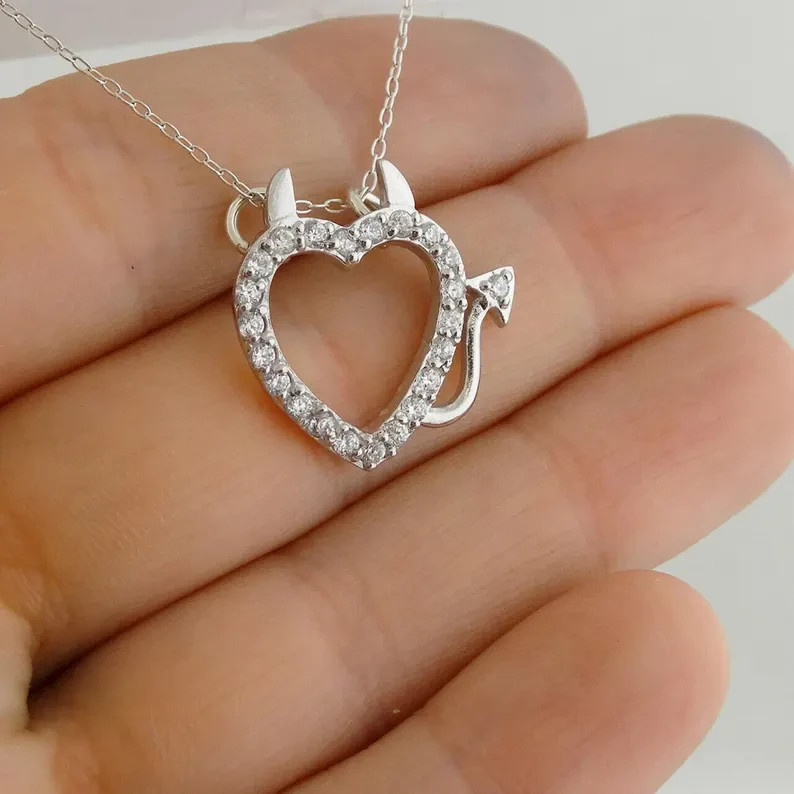 Devil Heart Round Lab Created Diamond 14K White Gold Finish Halloween Pendant