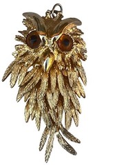 Vintage Owl Pendant Gold Tone Articulated Amber Style Eyes 3.25″ No Chain Indie