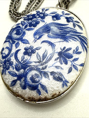 Vintage Guilloche Locket Blue White Enamel Bird of Paradise Floral 24″