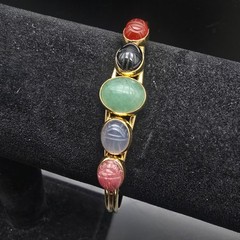 Colorful Gemstone Scarab Cuff Bracelet Gold Tone Egyptian Revival