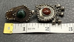 Vintage Boho Tribal Silver Tone Dangle Earrings Green Red Gemstone