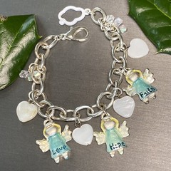Love Hope Faith Angels Mother of Pearl Hearts Vintage Charm Blue Enamel Bracelet