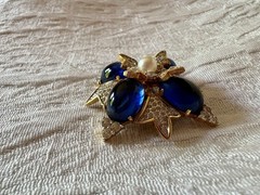 VTG Jomaz Gold Tone Oval Faux Lapis Stones And Pave Rhinestones Starburst Brooch