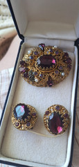 vintage west germany jewelry set purple gem and rhinestone gold tone