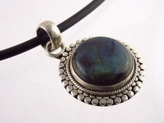 Sterling Silver 925 Labradorite Pendant on Black Silicone Cord Necklace 20.7g