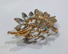 Vintage Gold Tone Leaf Spray Brooch Marquise Navette Clear AB Rhinestone Pin