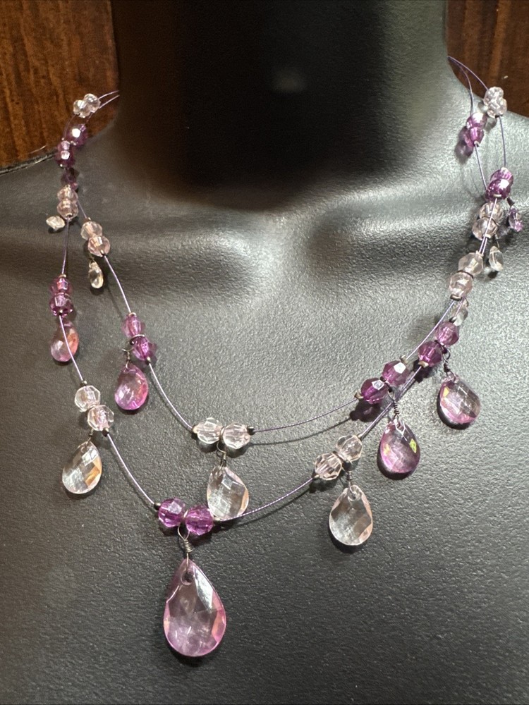 Triple Wire Bead Necklace Pink Purple Faceted Rhinestone Teardrop Dangles Retro