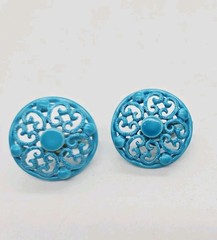 Turquoise Blue Filigree Clip on Earrings enamel Round Couture Vintage .75 in