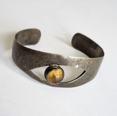 Vintage Taxco 925 Sterling Silver Tiger’s Eye Native Cuff Bracelet 30g Mexico