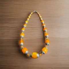 Vintage Style Ethnic Indo/Tibet Tribal Theme Silver Capped Amber Resin Necklace