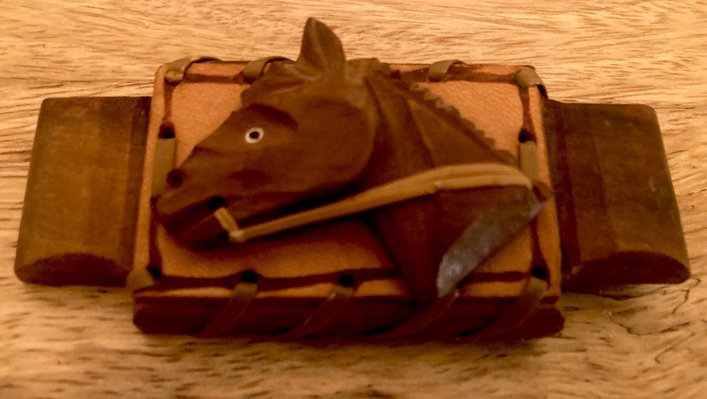 Vintage 1930’s Horse Western Equestrian Brooch Pin Hand Carved Wood Leather EUC