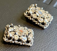 Vtg 50s BARCLAY Clip Earrings, Clear Rhinestones Prong-set Silver-tone HTF