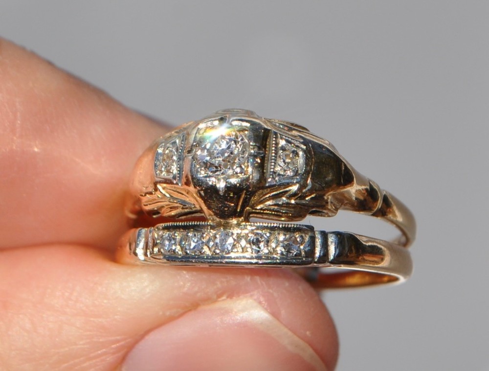 Antique Old 14k Solid Gold Natural Mine Cut Diamond Ring Band – Wedding Set 7.25