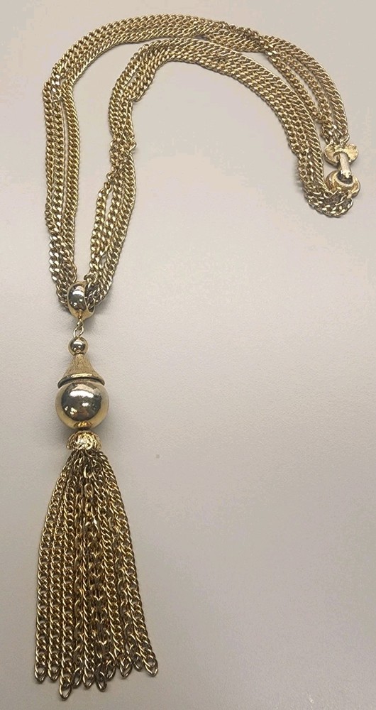 Vintage Gold Tone Chunky Statement Multi Strand Chain Necklace W/ Tassle