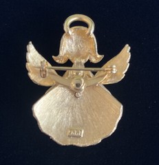 Christmas Angel Brooch JJ Jonette Vintage Gold Tone With Green Rhinestone Eye’s