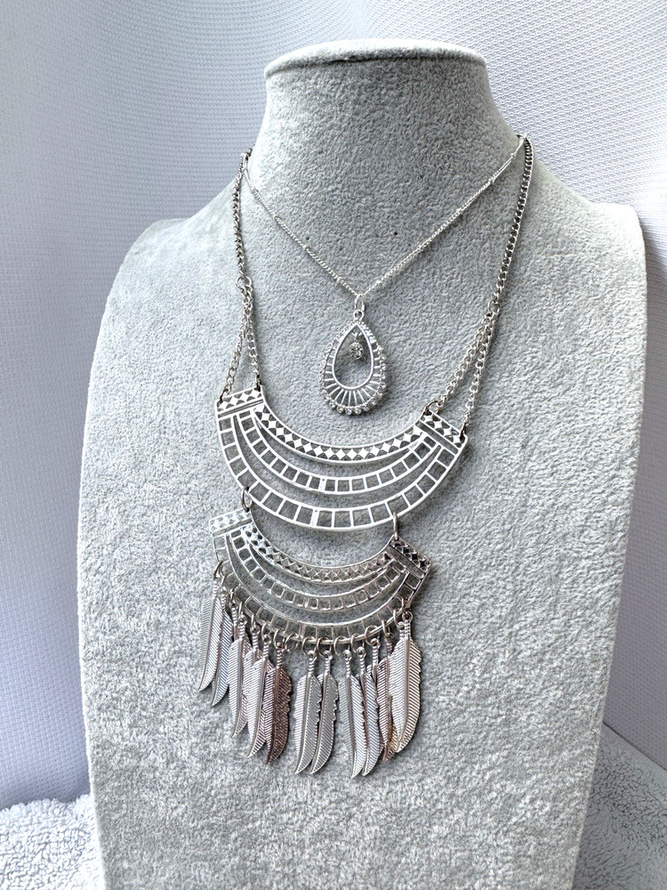 VTG Silver Waterfall Bib 2 Necklaces Stack* Coin Mesh Chainmail Hippie Gypsy LOT