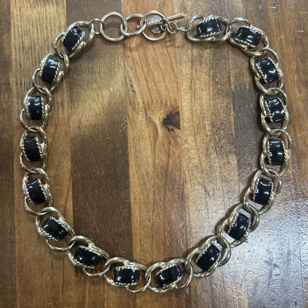 17.75” Rare Vintage Isleofma Elizabeth Gold Tone Black Enamel Necklace